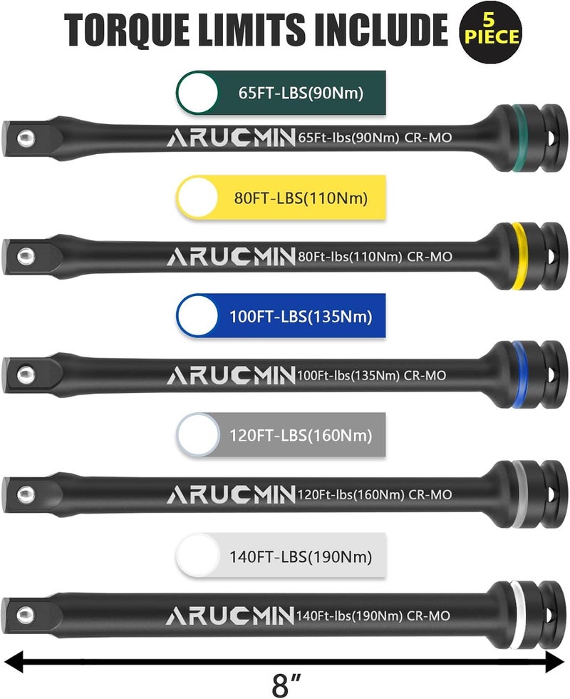 ARUCMIN 1/2" Drive Torque Limiting Extension Bar Set, 5-Piece Lug Nut Torque Stick Set With 8 Inch Color-Coded 65 to 140 Ft-Lbs Torque Sticks - Image 5